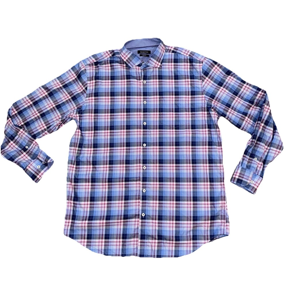 Bugatchi Men‎ Button Up Shirt Blue Pink Plaid Classic Fit Long Sleeve Size 2XL